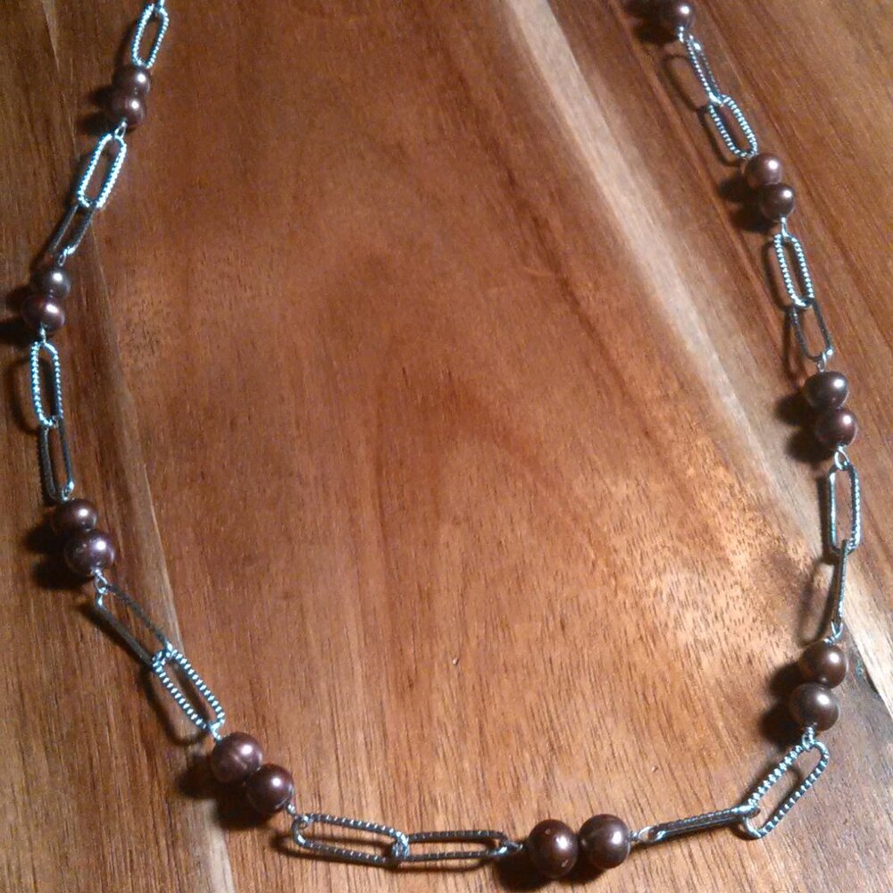 Bronze Dyed Genuine Pearl Stainless Steel Paperclip Necklace